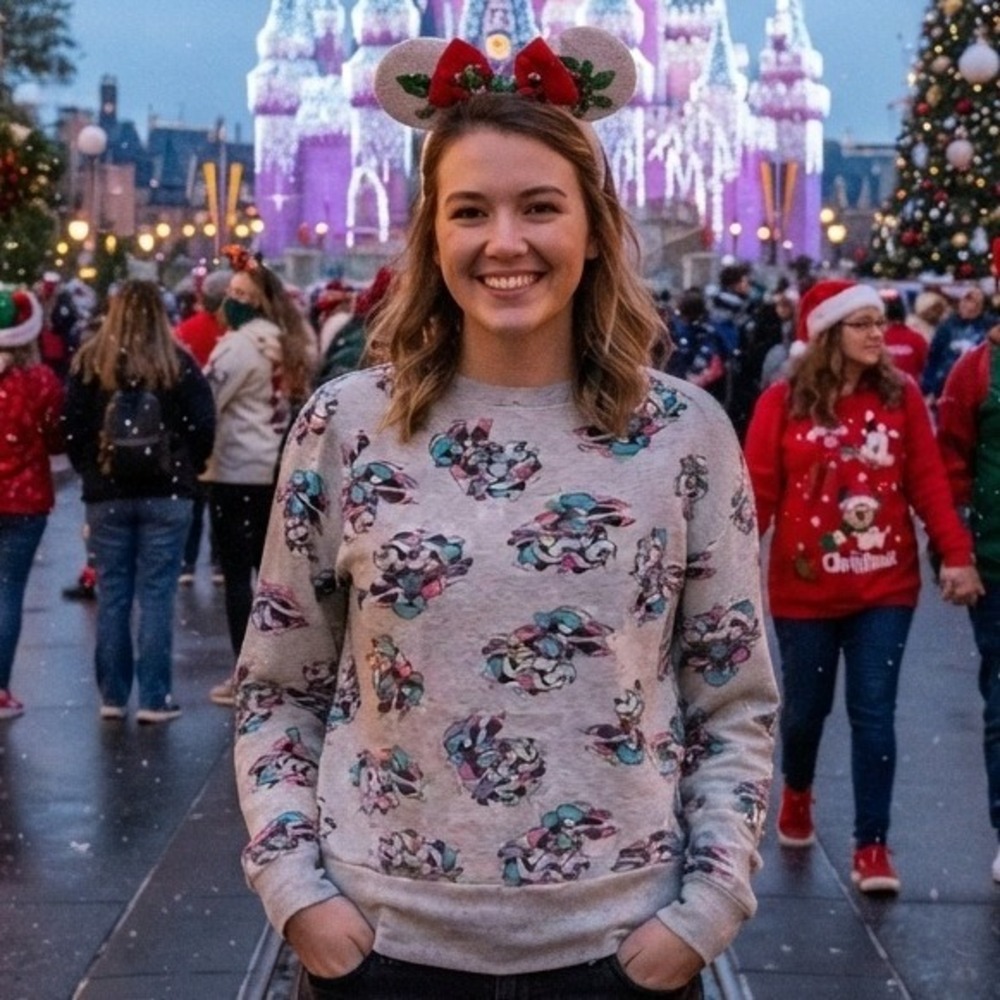 Vtg Disney Mickey Minnie Mouse Sweatshirt Gray Holiday Ice Skating Loungewear XS